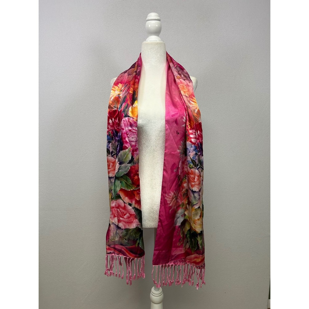 Cottagecore Unbranded Womens OS Pink Floral 100% Silk Fringe Scarf Shawl 9791